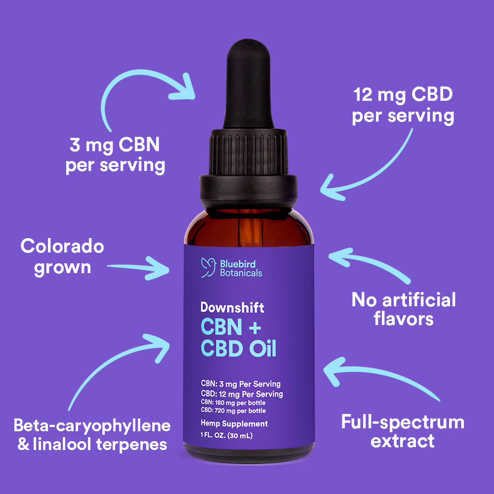 Bluebird Botanicals, Downshift CBN + CBD Oil, Full Spectrum, 1fl oz, 720mg CBD + 180mg CBN