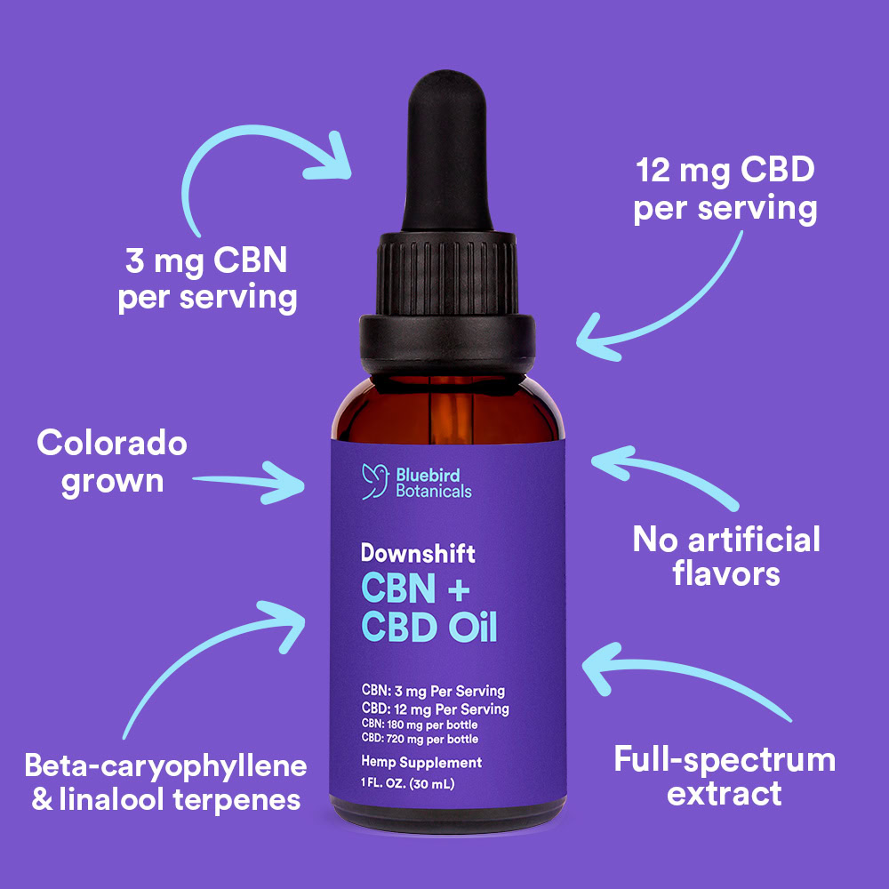 Bluebird Botanicals, Downshift CBN + CBD Oil, Full Spectrum, 1fl oz, 720mg CBD + 180mg CBN