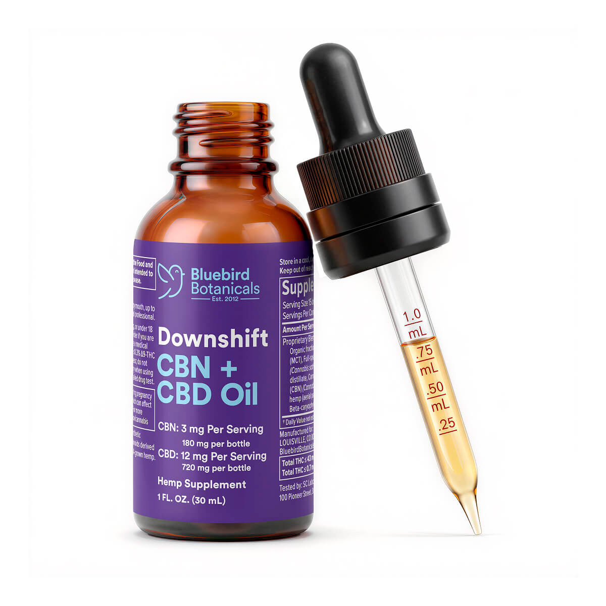 Bluebird Botanicals, Downshift CBN + CBD Oil, Full Spectrum, 1fl oz, 720mg CBD + 180mg CBN