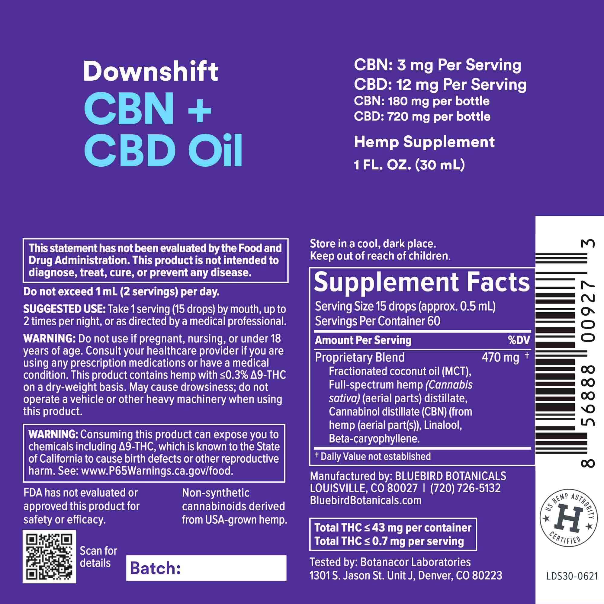 Bluebird Botanicals, Downshift CBN + CBD Oil, Full Spectrum, 1fl oz, 720mg CBD + 180mg CBN