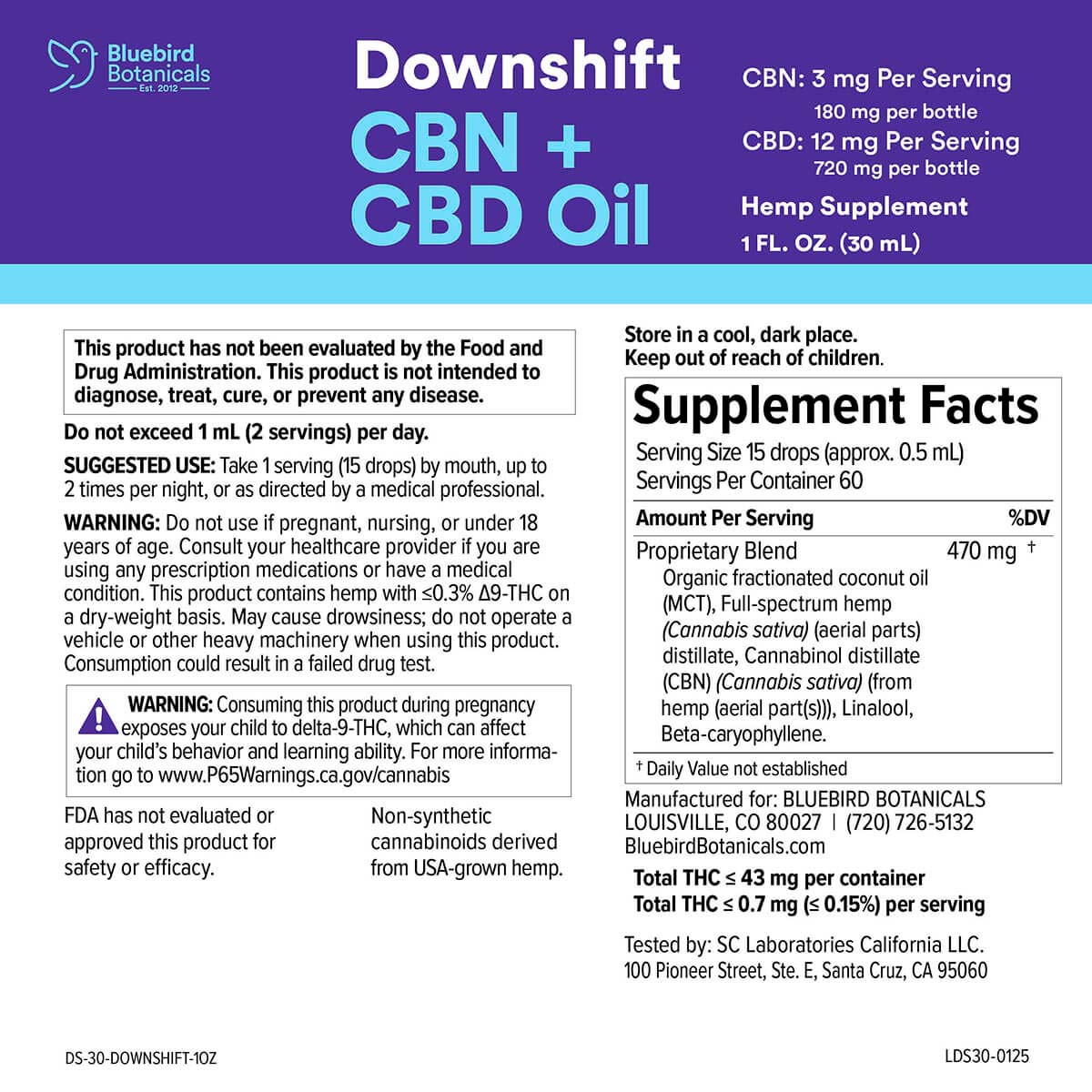 Bluebird Botanicals, Downshift CBN + CBD Oil, Full Spectrum, 1fl oz, 720mg CBD + 180mg CBN