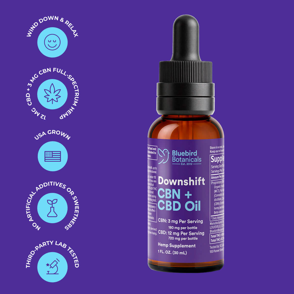 Bluebird Botanicals, Downshift CBN + CBD Oil, Full Spectrum, 1fl oz, 720mg CBD + 180mg CBN