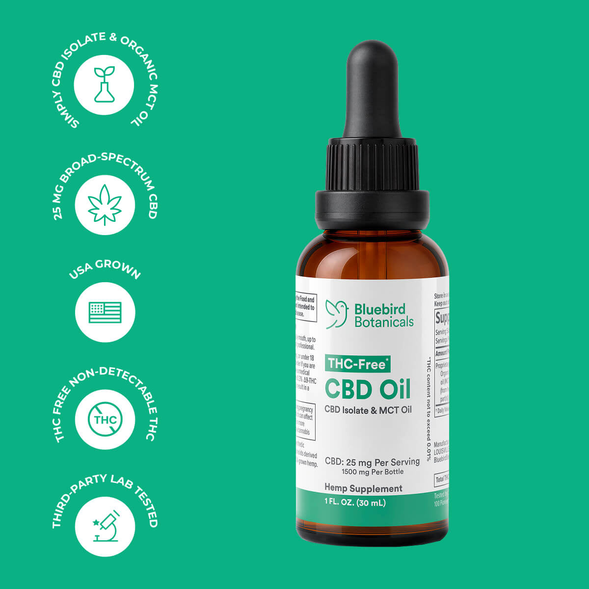 Bluebird Botanicals, THC Free CBD Oil 25mg, Isolate, Natural Flavor, 1fl oz, 1500mg CBD