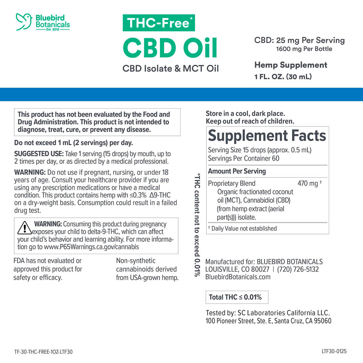 Bluebird Botanicals, THC Free CBD Oil 25mg, Isolate, Natural Flavor, 1fl oz, 1500mg CBD