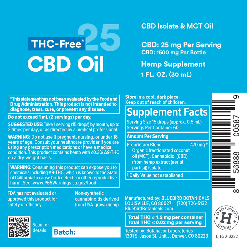 Bluebird Botanicals, THC Free CBD Oil 25mg, Isolate, Natural Flavor, 1oz, 1500mg CBD