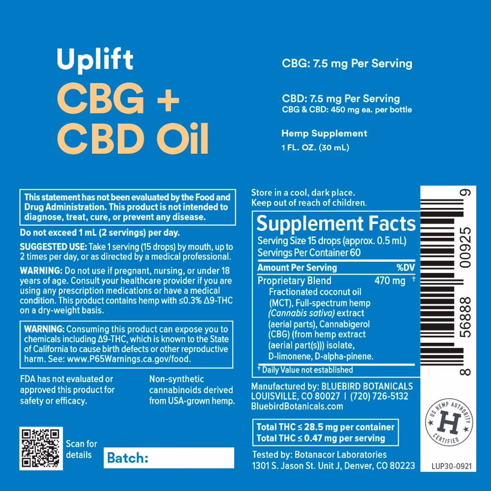 Bluebird Botanicals, Uplift CBG + CBD Oil 7.5mg, Full Spectrum, 1fl oz, 450mg CBG + 450mg CBD