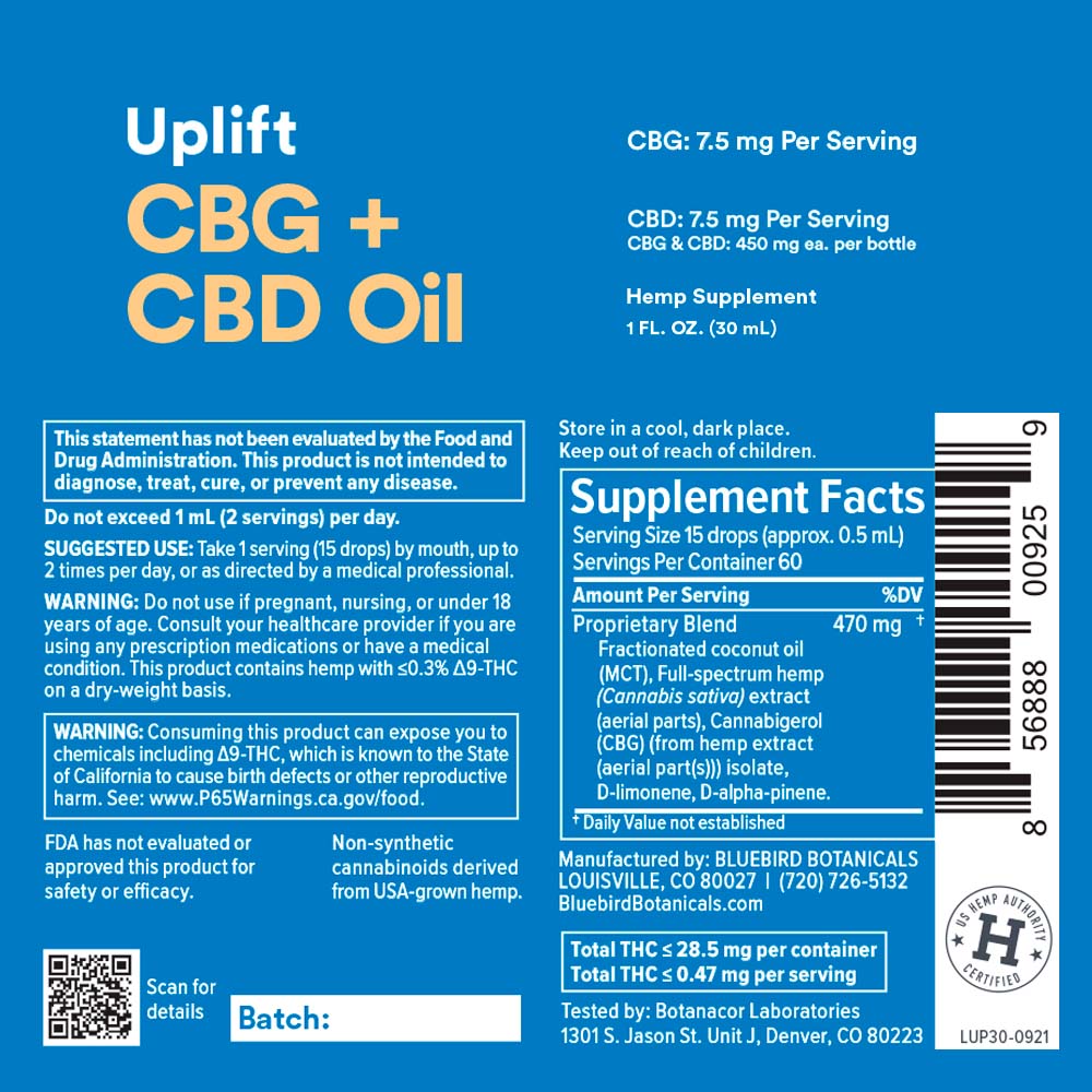 Bluebird Botanicals, Uplift CBG + CBD Oil 7.5mg, Full Spectrum, 1fl oz, 450mg CBG + 450mg CBD