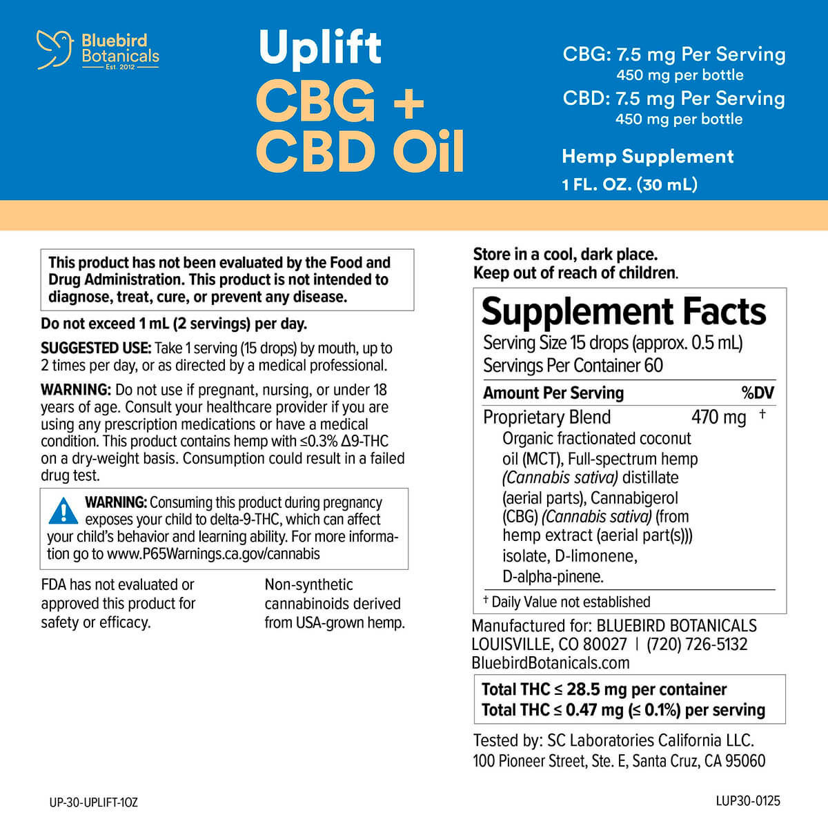 Bluebird Botanicals, Uplift CBG + CBD Oil 7.5mg, Full Spectrum, 1fl oz, 450mg CBG + 450mg CBD