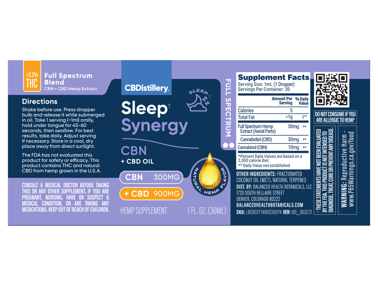 CBDistillery, Extra Strength Sleep Synergy CBN + CBD 1-3 Tincture, Full Spectrum, 1oz, 300mg CBN and 900mg CBD 1