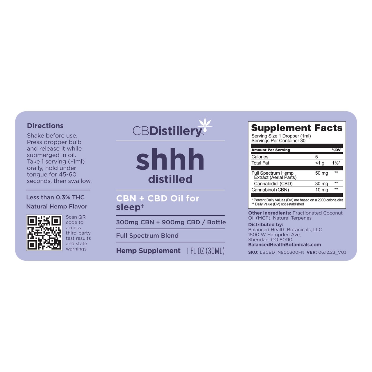 CBDistillery, Shhh Distilled CBN + CBD Oil For Sleep, Full Spectrum, 1oz, 300mg CBN and 900mg CBD