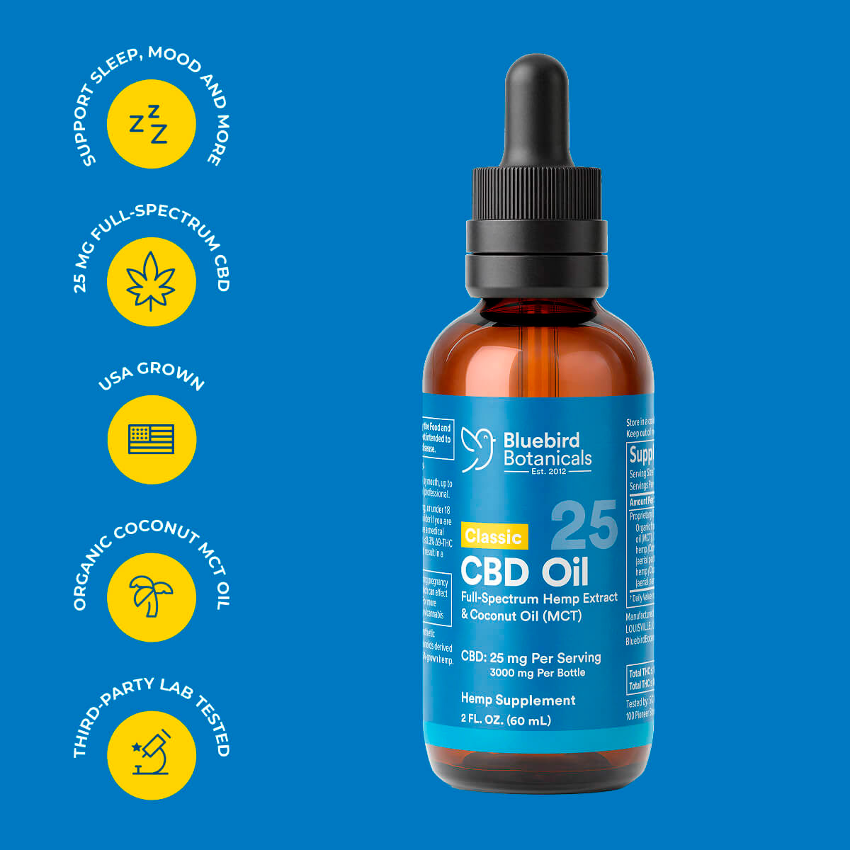 Bluebird Botanicals, Extra Strength Classic CBD Oil 25mg, Full Spectrum, 2fl oz, 3000mg CBD