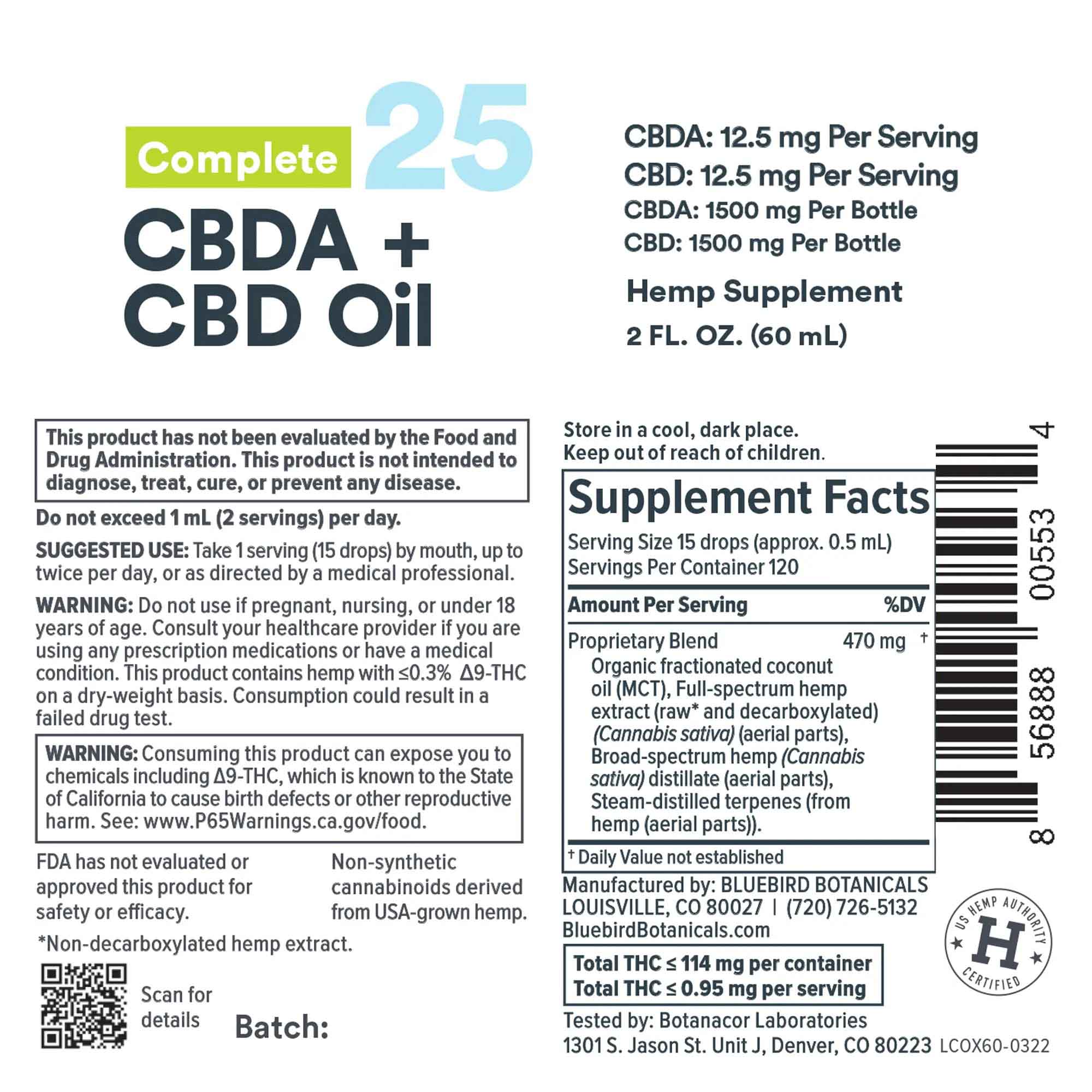 Bluebird Botanicals, Extra Strength Complete CBD + CBDA Oil 25mg, Full Spectrum, 2fl oz, 1500mg CBDA + 1500mg CBD