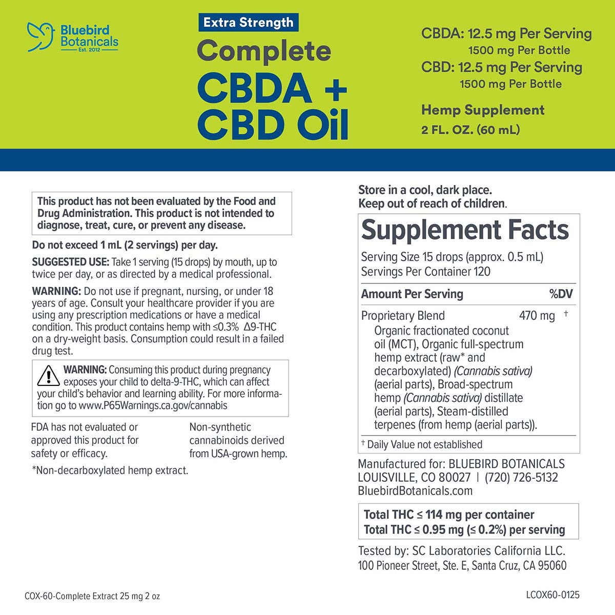 Bluebird Botanicals, Extra Strength Complete CBD + CBDA Oil 25mg, Full Spectrum, 2fl oz, 1500mg CBDA + 1500mg CBD