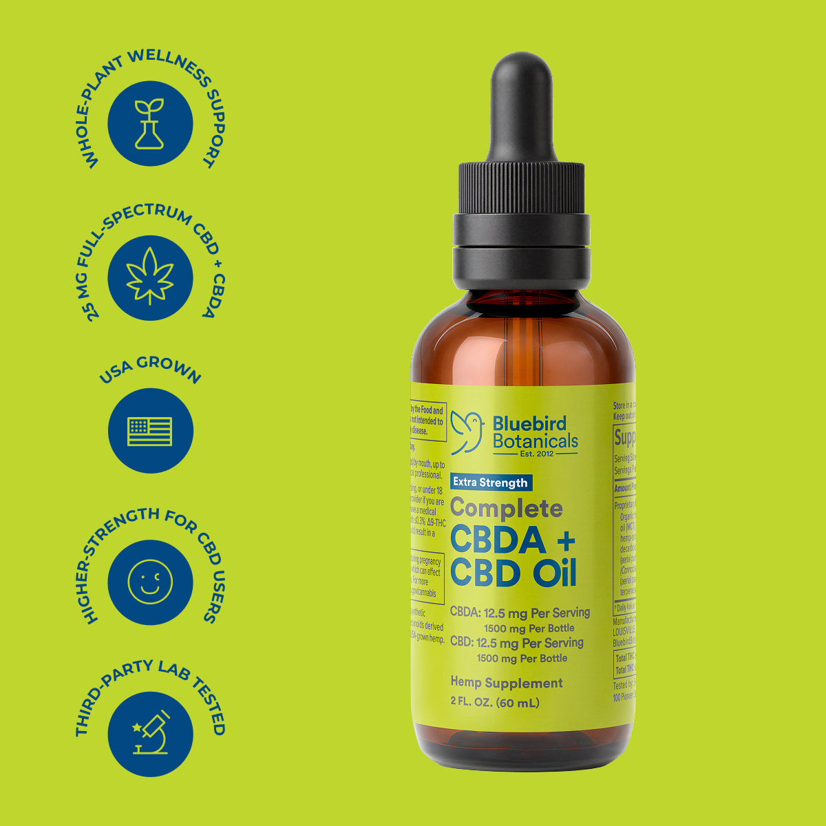 Bluebird Botanicals, Extra Strength Complete CBD + CBDA Oil 25mg, Full Spectrum, 2fl oz, 1500mg CBDA + 1500mg CBD