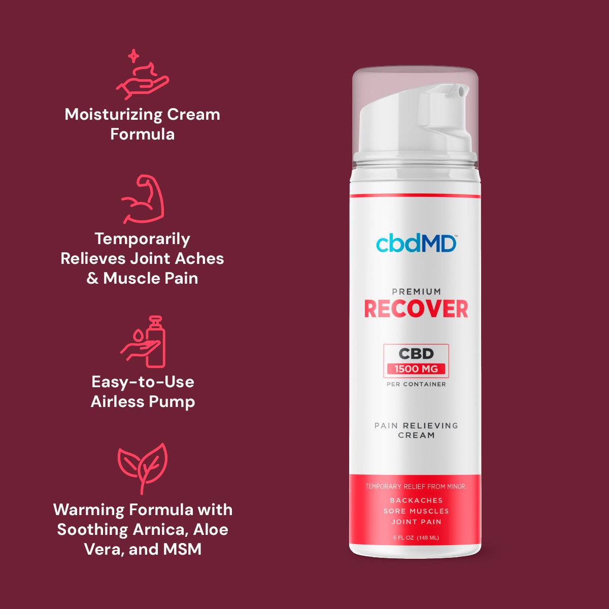 cbdMD, CBD Recover Pump, Broad Spectrum THC-Free, 5fl oz, 1500mg CBD