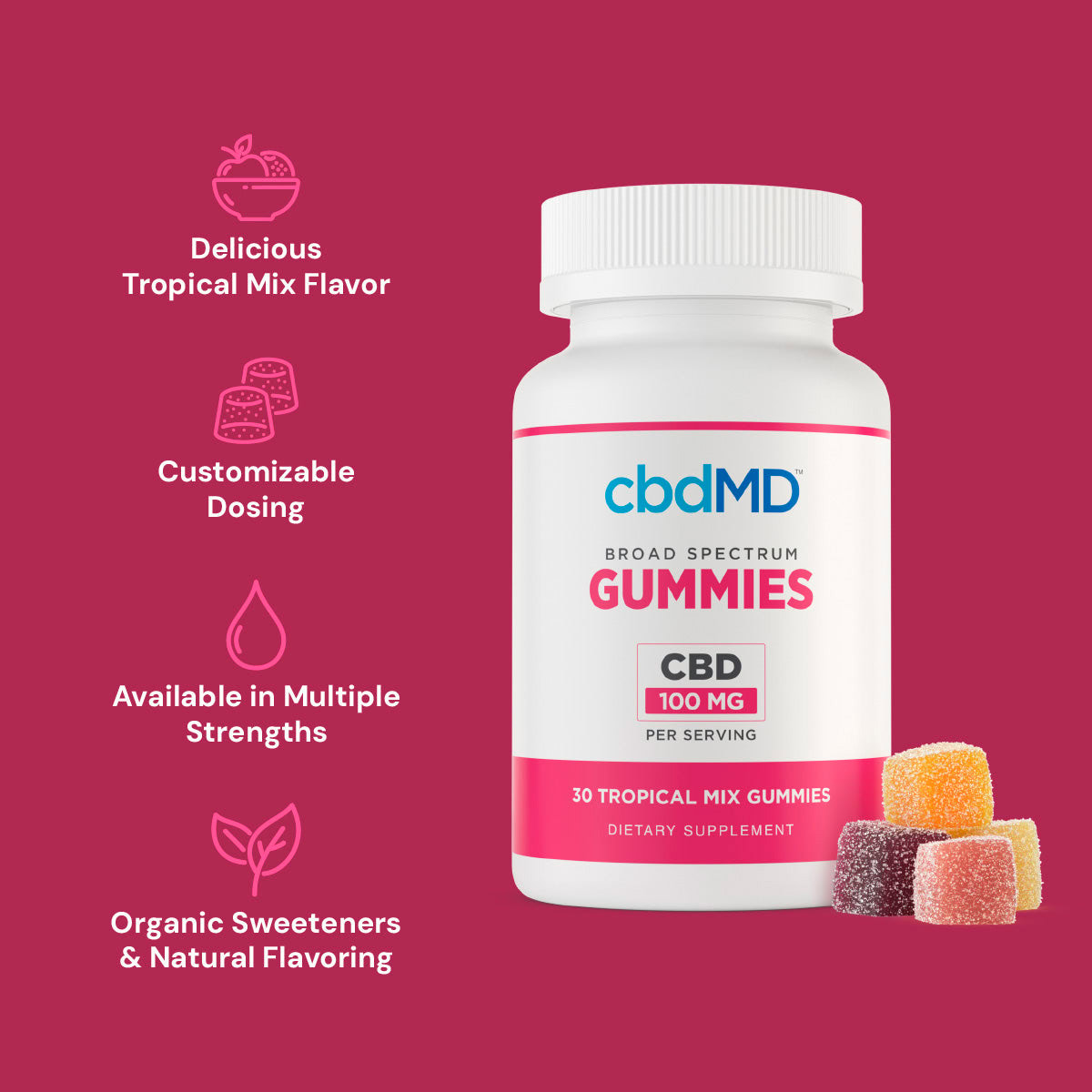 cbdMD, CBD Gummies, Broad Spectrum THC-Free, 30ct, 3000mg CBD