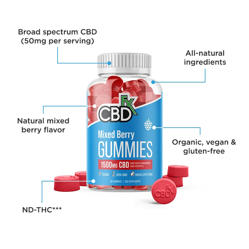 CBDfx, Original Mixed Berry CBD Gummies, Broad Spectrum THC-Free, 60ct, 1500mg CBD