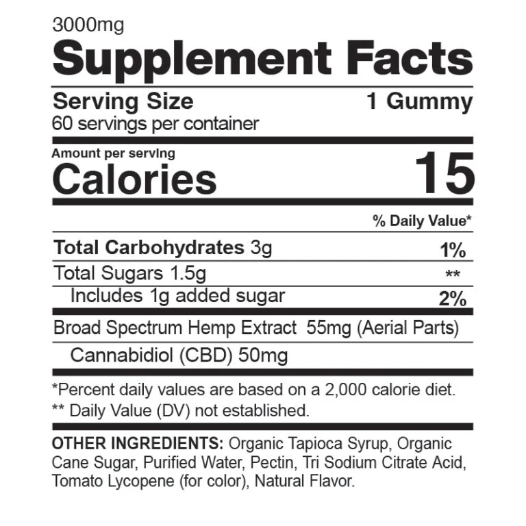 CBDfx, Original Mixed Berry CBD Gummies, Broad Spectrum THC-Free, 60ct, 1500mg CBD - Supplement Facts