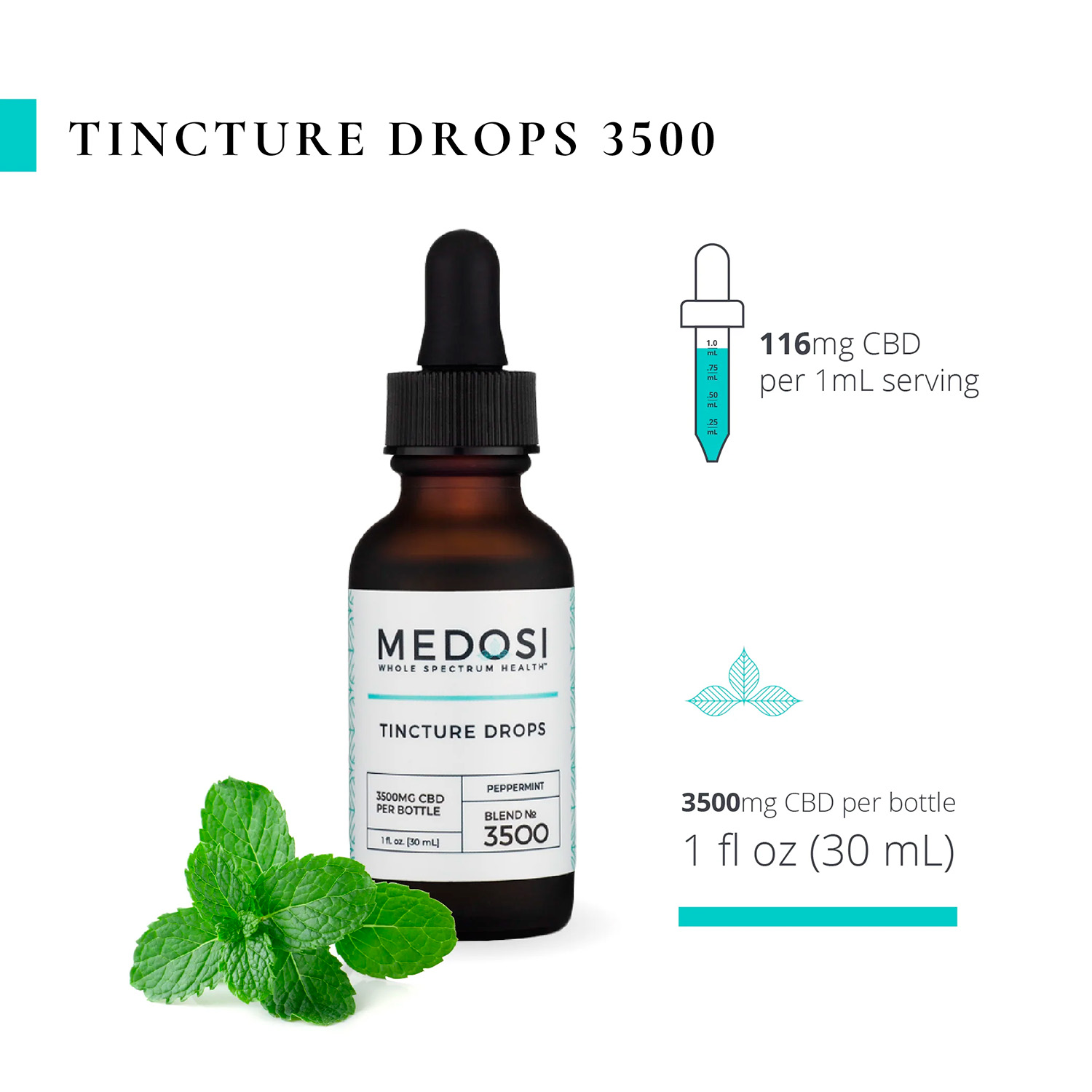 Medosi, CBD Oil Tincture, Full Spectrum, Peppermint, 1oz, 3500mg CBD 1