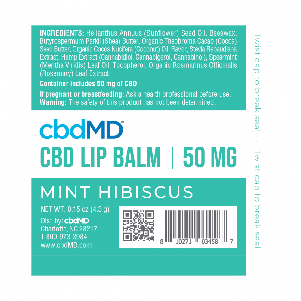 cbdMD, CBD Lip Balm, Broad Spectrum THC-Free, Mint Hibiscus, 50mg CBD