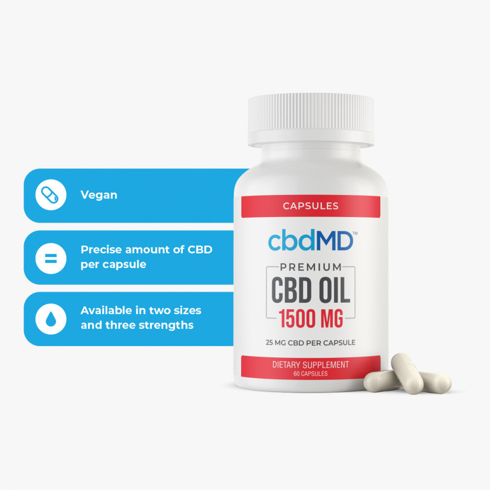 cbdMD, CBD Oil Capsules, Broad Spectrum THC-Free, 60-Count, 1500mg CBD 1