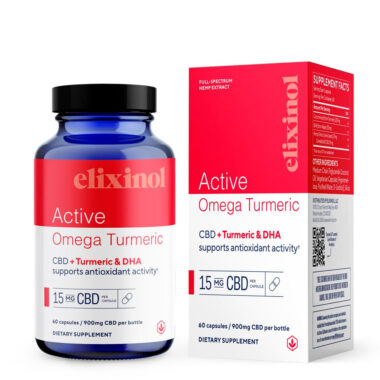 Elixinol, Active Omega Turmeric CBD Capsules, Full Spectrum, Turmeric + DHA, 60ct, 900mg CBD
