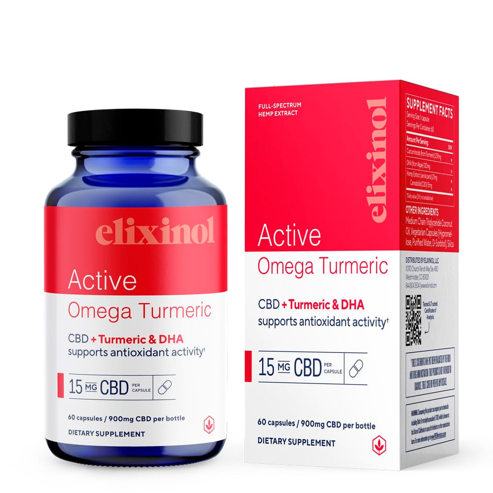Elixinol, Active Omega Turmeric CBD Capsules, Full Spectrum, Turmeric + DHA, 60ct, 900mg CBD