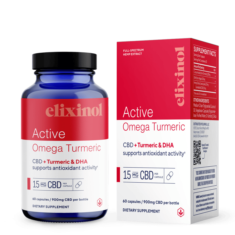 Elixinol, Active Omega Turmeric CBD Capsules, Full Spectrum, Turmeric & DHA, 60ct, 900mg CBD 1