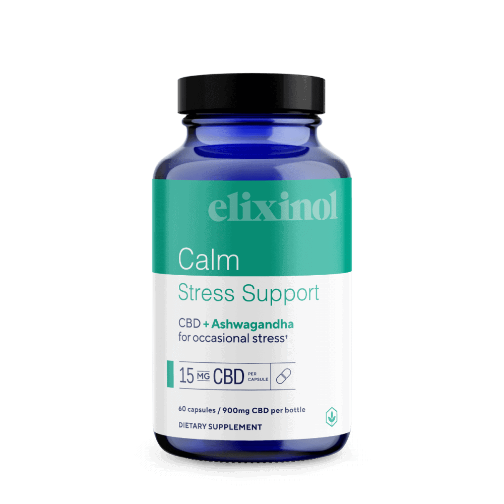 Elixinol, Calm Stress Support CBD Capsules, Full Spectrum, Ashwagandha, 60ct, 900mg CBD 1