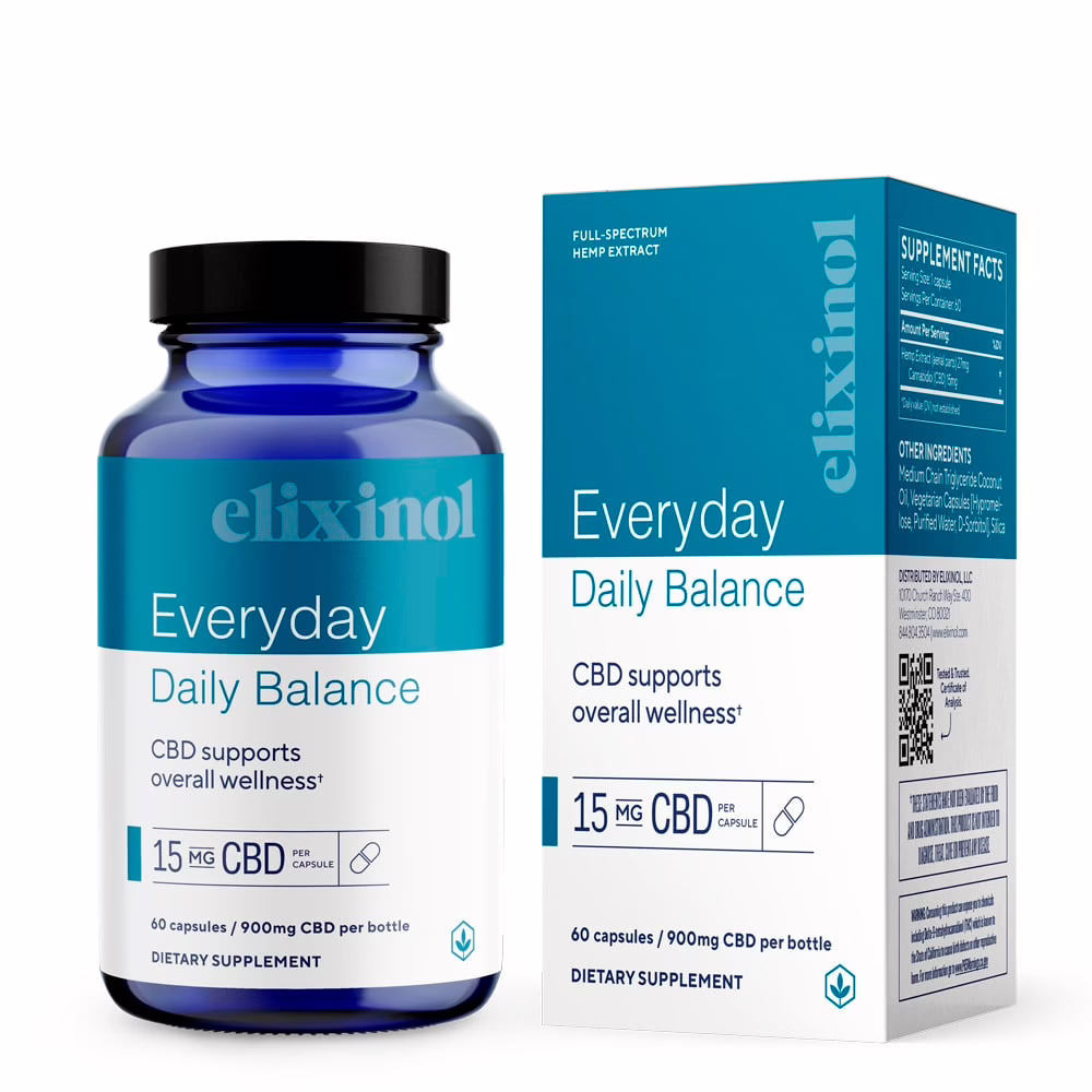 Elixinol, Everyday Daily Balance CBD Capsules, Full Spectrum, 60ct, 900mg CBD Elixinol, Everyday Daily Balance CBD Capsules, Full Spectrum, 60ct, 900mg CBD