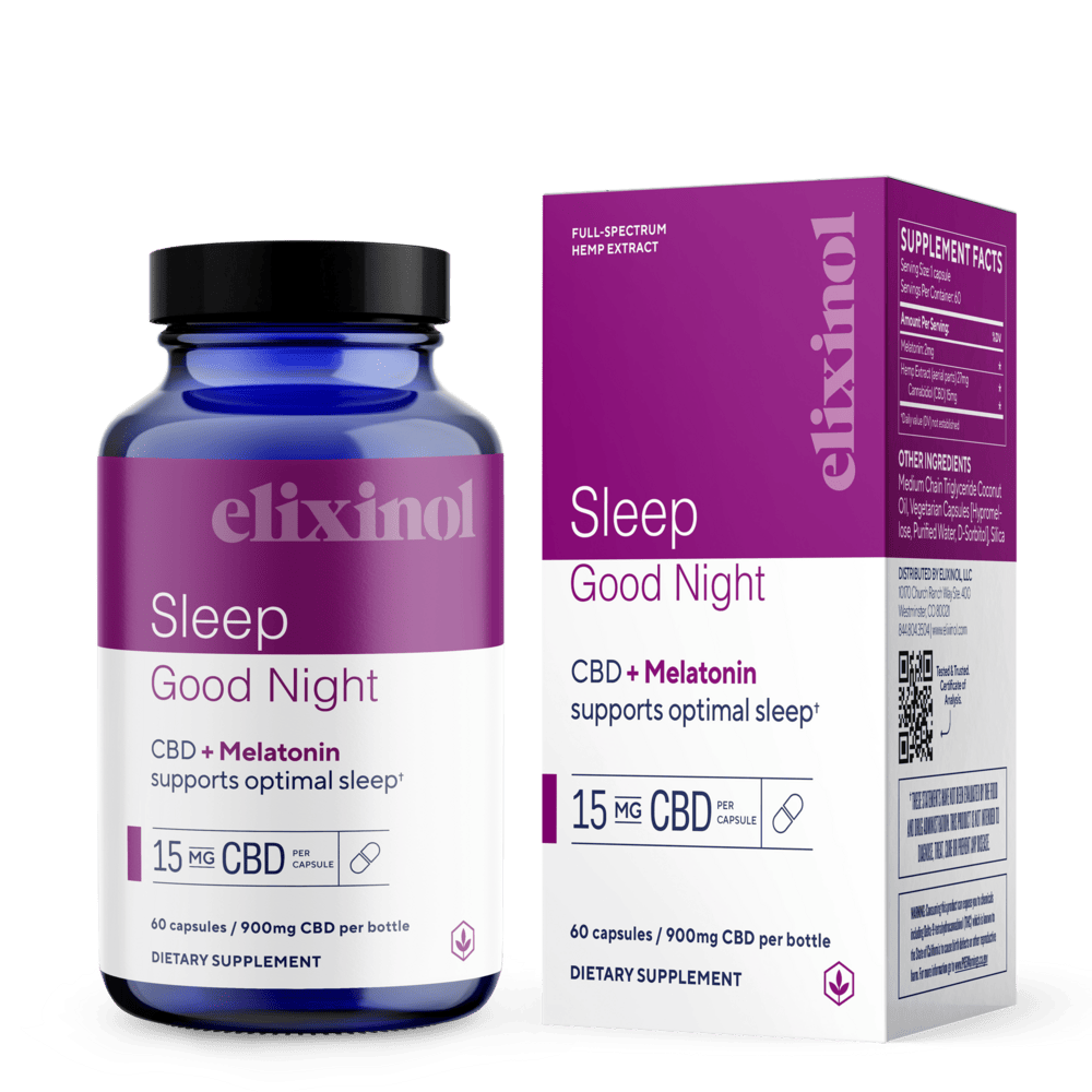 Elixinol, Sleep Good Night CBD Capsules, Full Spectrum, Melatonin, 60ct, 900mg CBD 1