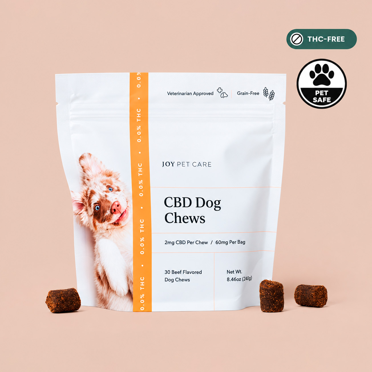 Joy Organics, CBD Dog Chews Treats, Beef Flavored, Broad Spectrum THC-Free, 30ct, 60mg CBD