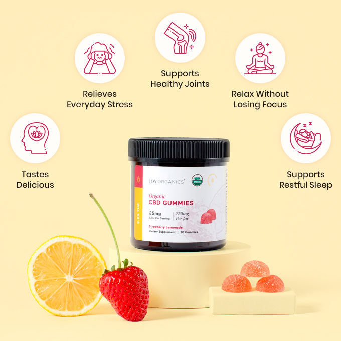 Joy Organics, CBD Gummies, Strawberry Lemonade, Broad Spectrum THC-Free, 30ct, 300mg CBD