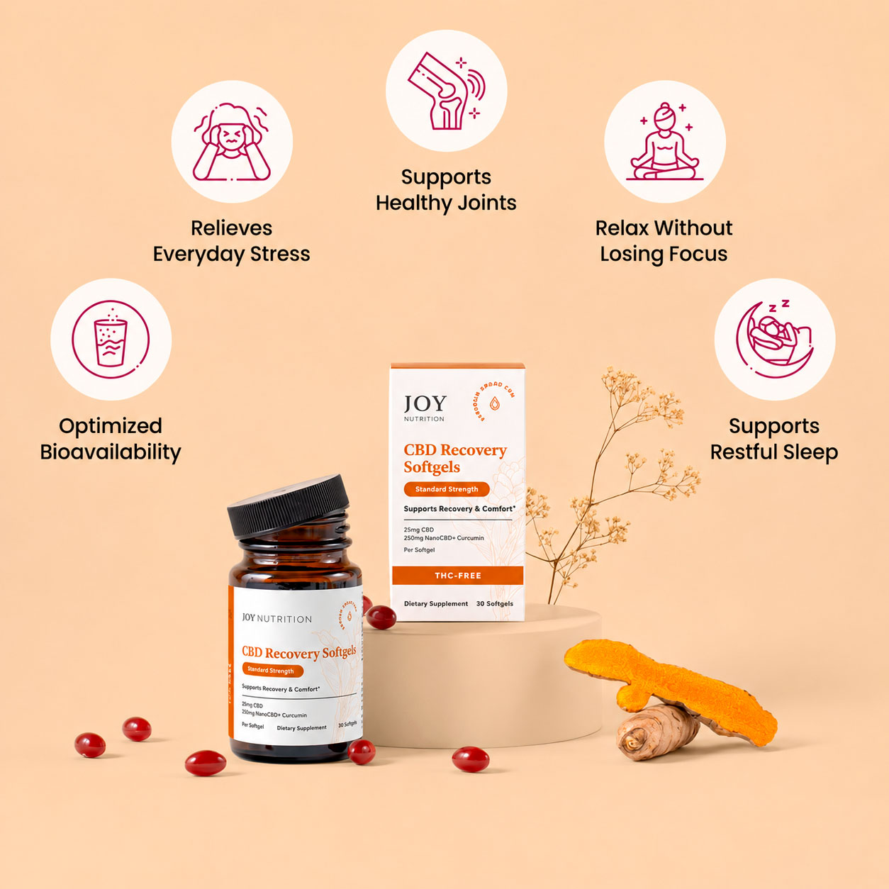Joy Organics, CBD Softgels with Curcumin, Broad Spectrum THC-Free, 30ct, 1500mg CBD 3