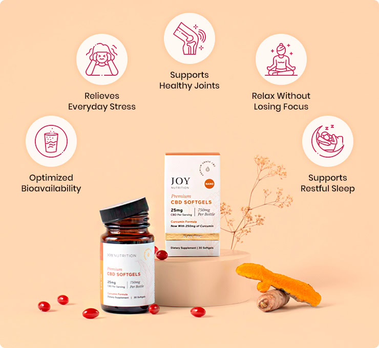 Joy Organics, CBD Softgels with Curcumin, Broad Spectrum THC-Free, 30ct, 750mg CBD