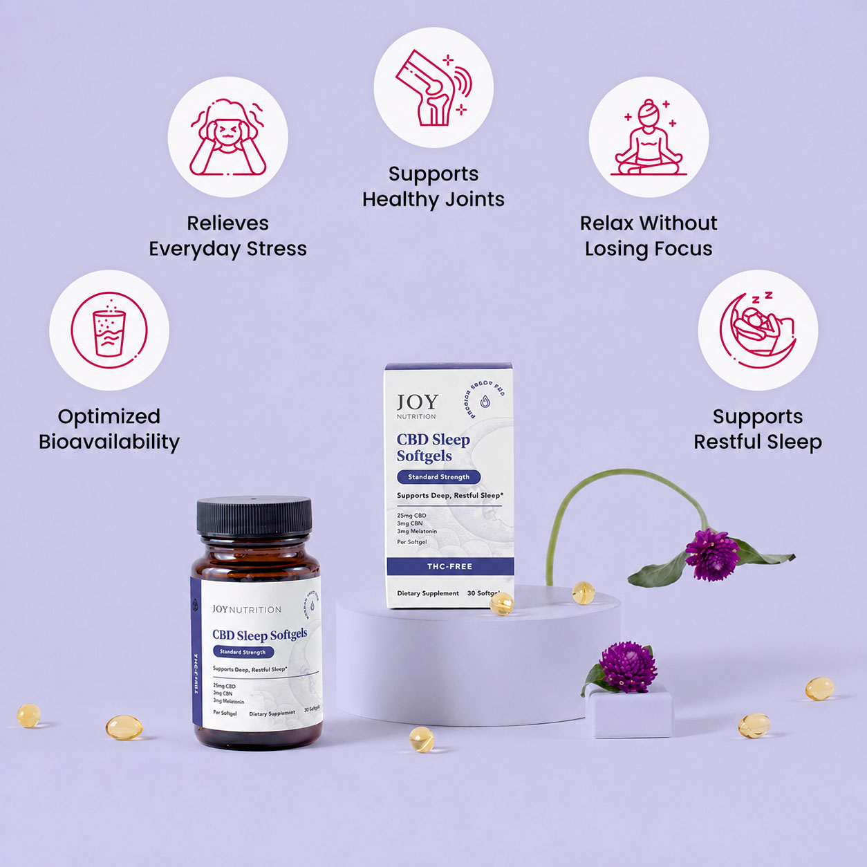 Joy Organics, CBD Softgels with Melatonin + CBN, Broad Spectrum THC-Free, 30ct, 90mg CBN + 750mg CBD