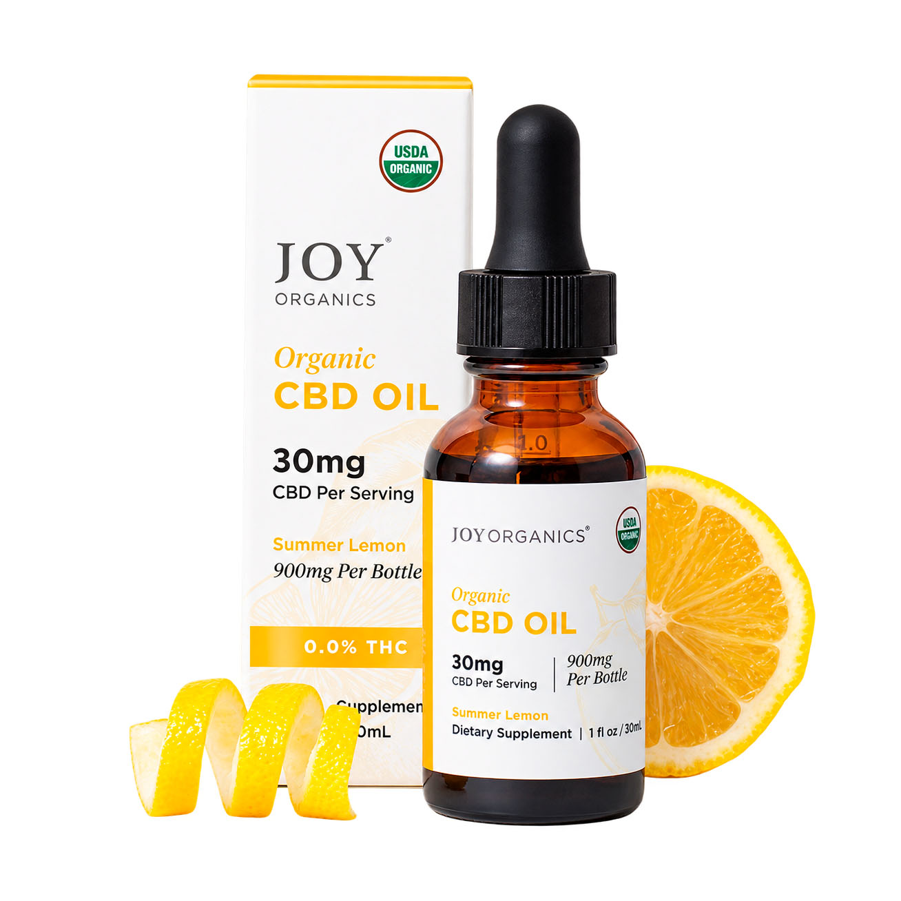 Joy Organics, Summer Lemon Organic CBD Tincture, Broad Spectrum THC-Free, 1fl oz, 900mg CBD