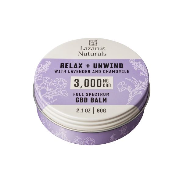 Lazarus Naturals, Relax + Unwind CBD Balm, Lavender & Chamomile, Full Spectrum, 2.1oz, 3000mg CBD