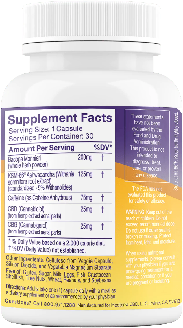 Medterra, Good Morning CBD+CBG Capsules, Broad Spectrum THC-Free, 30ct, 750mg CBG + 750mg CBD 1