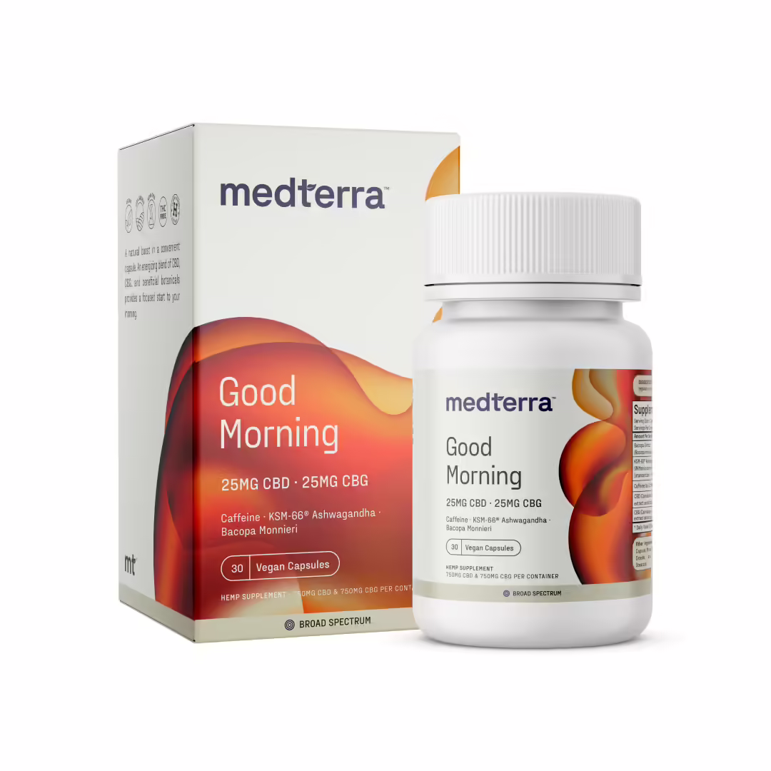 Medterra, Good Morning CBD+CBG Capsules, Broad Spectrum THC-Free, 30ct, 750mg CBG + 750mg CBD Medterra, Good Morning CBD+CBG Capsules, Broad Spectrum THC-Free, 30ct, 750mg CBG + 750mg CBD