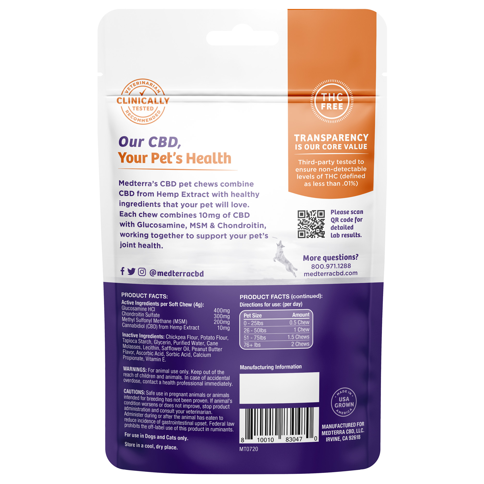 Medterra, Joint Support CBD Chews for Dogs & Cats, Isolate THC-Free, Peanut Butter, 30ct, 300mg CBD 1