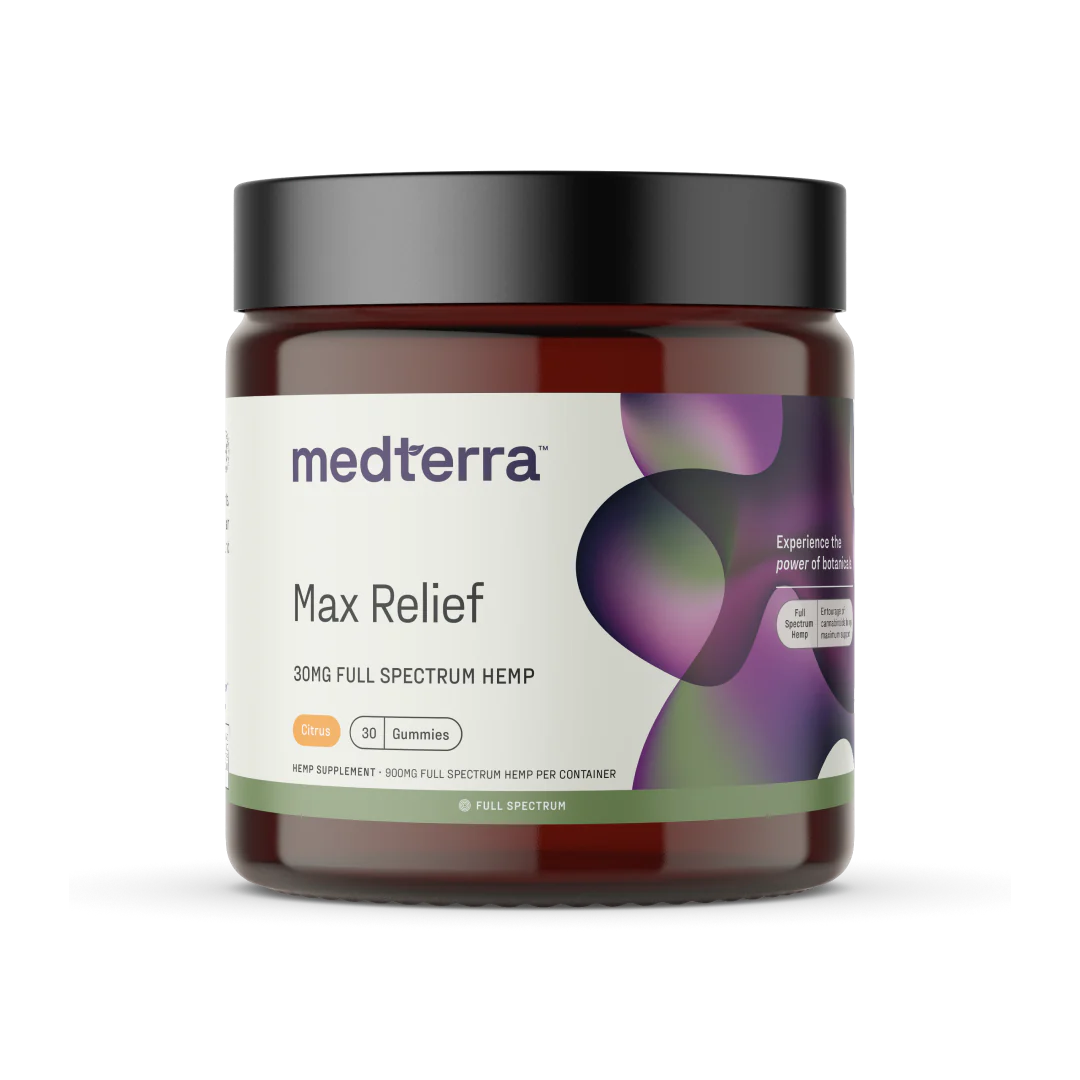 Medterra, Max Relief 25mg CBD + 2mg THC Gummies, Citrus, Full Spectrum, 30ct, 60mg THC + 750mg CBD