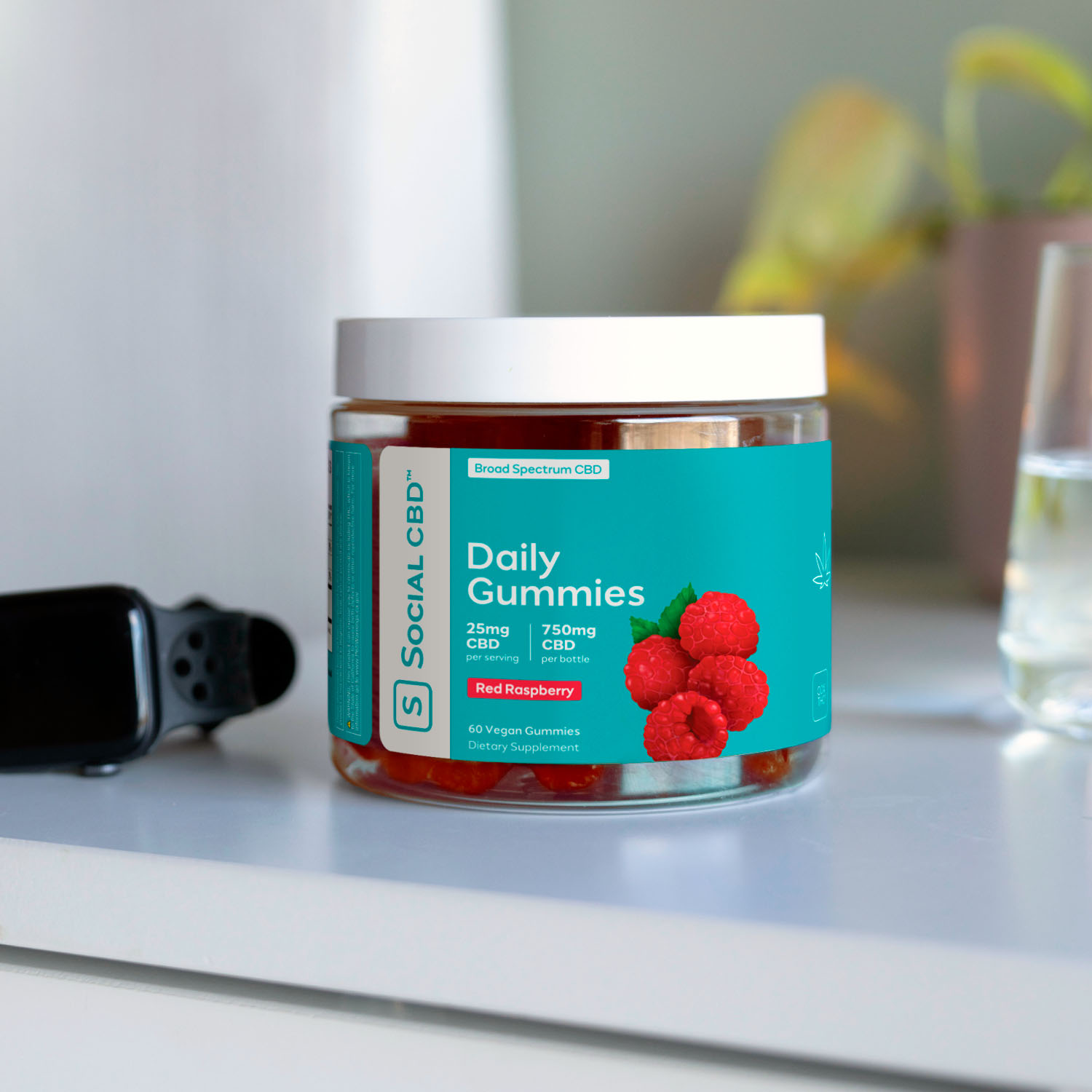 Social CBD, Daily CBD Gummies, Red Raspberry, Broad Spectrum THC-Free, 60ct, 750mg CBD