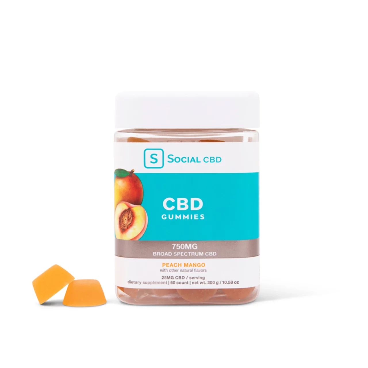 Social CBD, Original CBD Gummies Peach Mango, Broad Spectrum THC-Free, 60ct, 750mg CBD 1