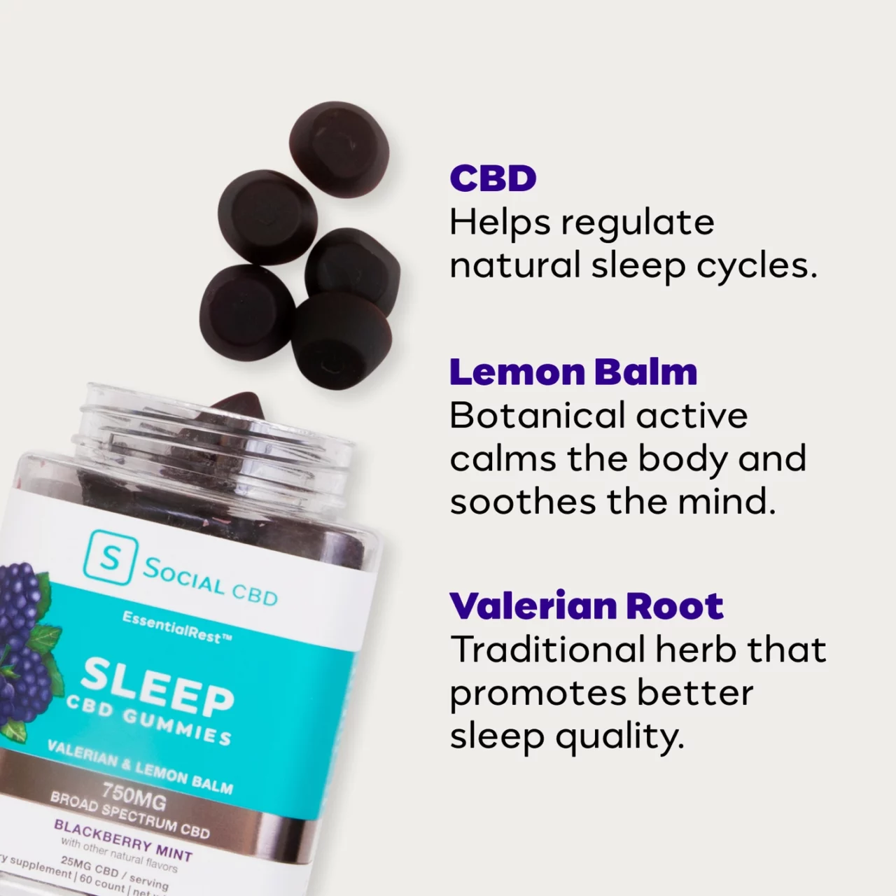 Social CBD, Sleep CBD Gummies, Blackberry Mint, Broad Spectrum THC-Free, 60ct, 750mg CBD