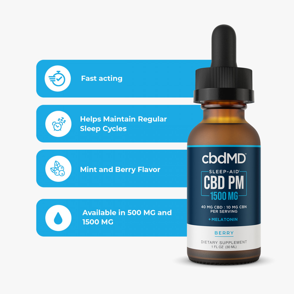 cbdMD, CBD PM Tincture for Sleep, Broad Spectrum THC-Free, Berry, 1oz, 1500mg CBD 1