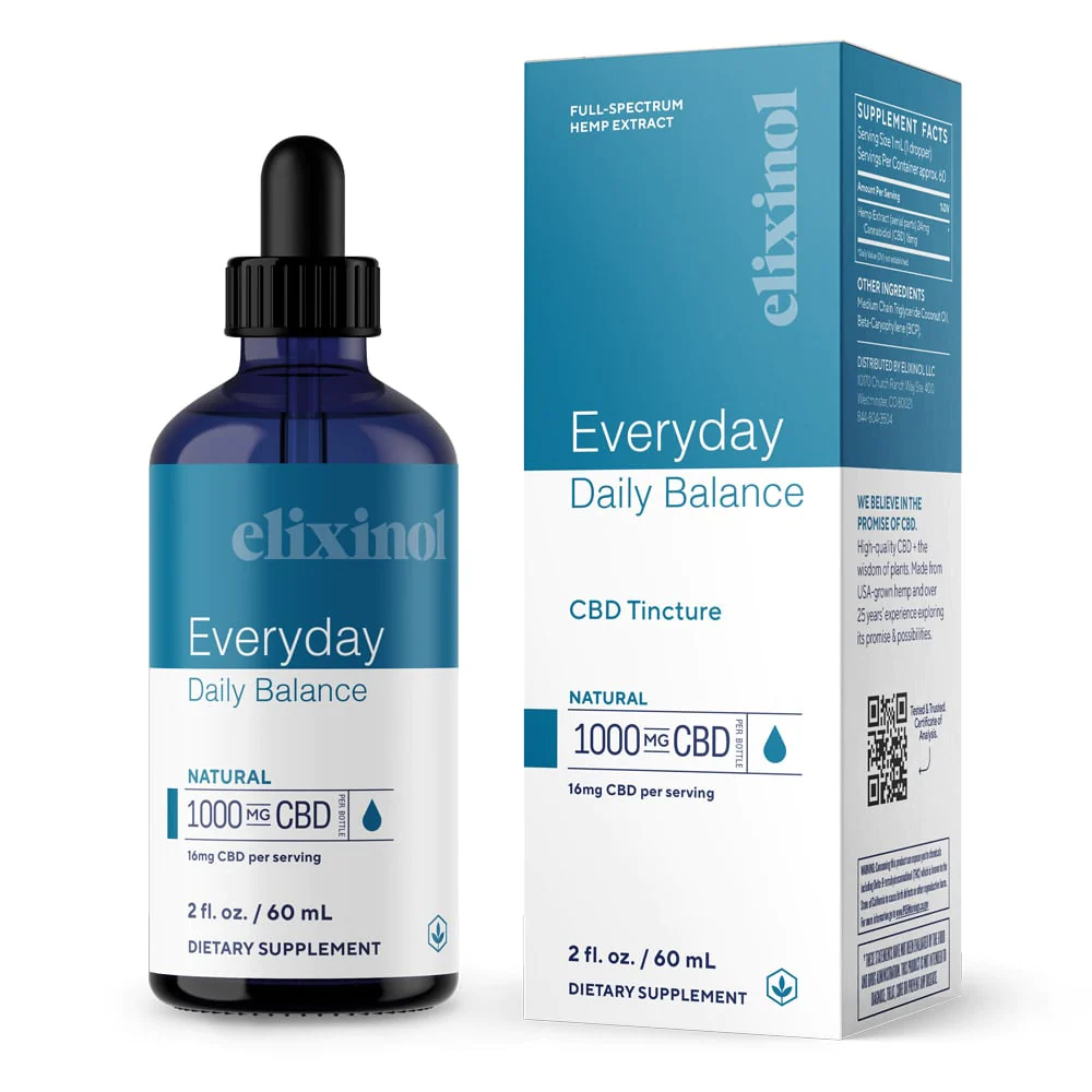 Elixinol, Daily Balance CBD Tincture, Full Spectrum, Natural Flavor, 2oz, 1000mg CBD