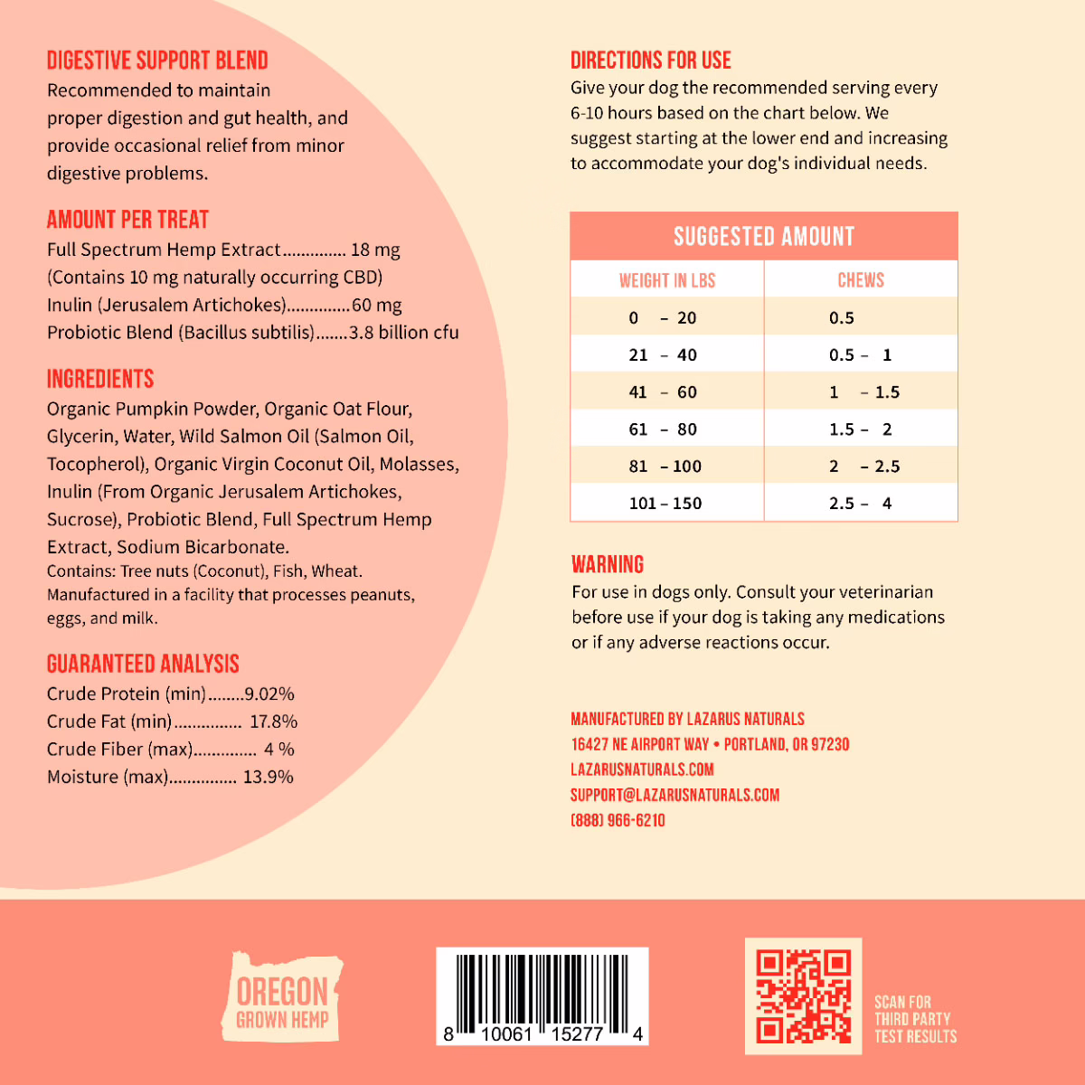 Lazarus Naturals, Digestive Health CBD Dog Chews, Full Spectrum, 30ct, 300mg CBD