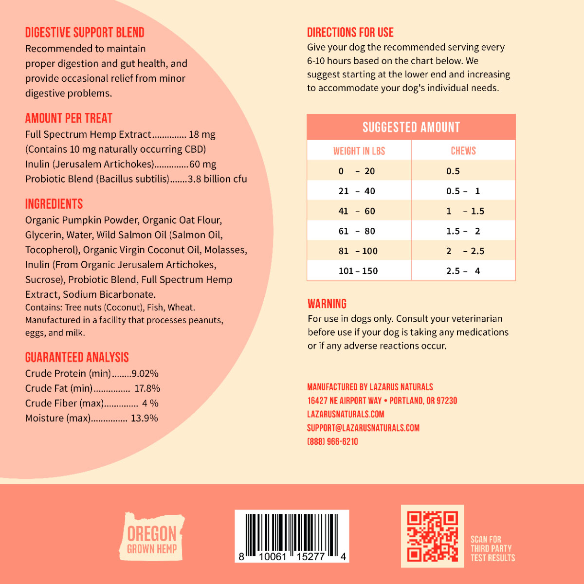 Lazarus Naturals, Digestive Health CBD Dog Chews, Full Spectrum, 30ct, 300mg CBD