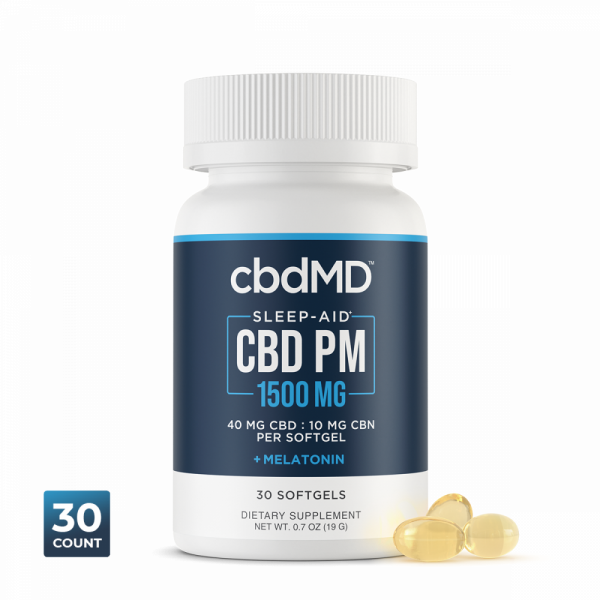 cbdMD, CBD PM Softgel Melatonin Capsules, Broad Spectrum THC-Free, 30ct, 300mg CBN + 1200mg CBD